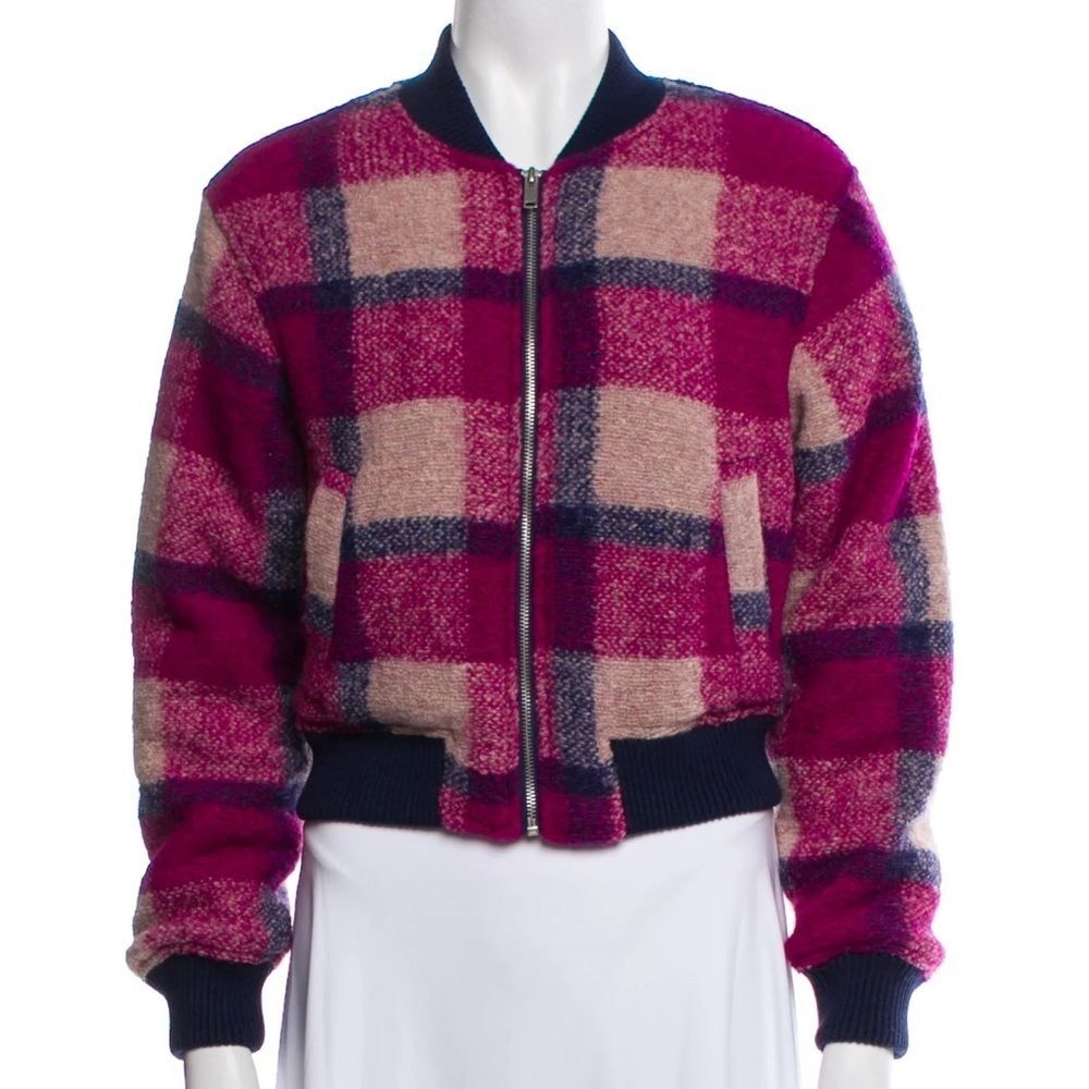 House of Harlow 1960 Pink& Blue Plaid Print Wool Blend Bomber Jacket Size Medium